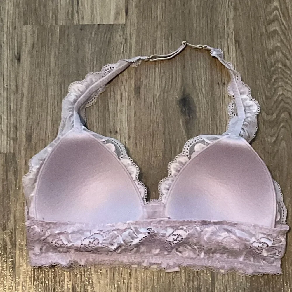 Savage X Fenty Halter Floral Lace Wireless‎ Lined Bralette Size Medium Purple